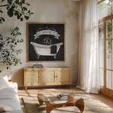 Chalkboard Bath Soothe by Mary Urban. Shown in a natural wood frame in a cozy modern living room. Available as an archival giclee rolled canvas, fine art paper, or poster print. SKU 15958a.