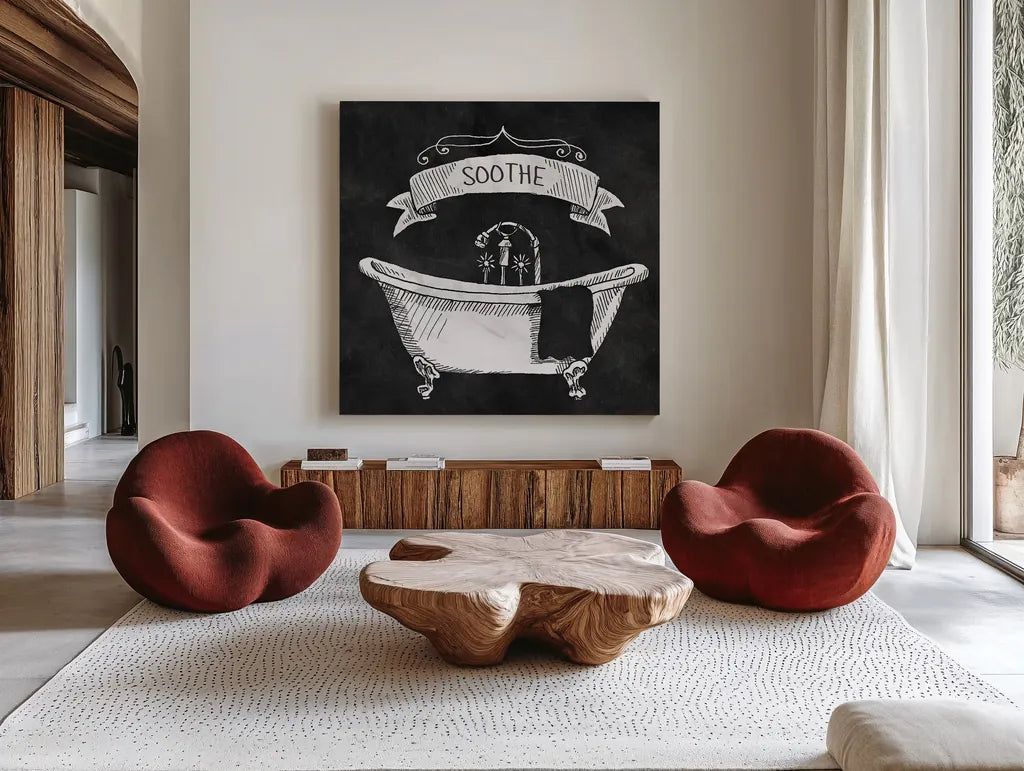 Chalkboard Bath Soothe by Mary Urban. Shown as extra-large giant wall art in a modern living room. Available as an archival giclee rolled canvas, fine art paper, or poster print. SKU 15958a.