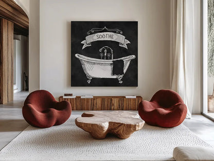 Chalkboard Bath Soothe by Mary Urban. Shown as extra-large giant wall art in a modern living room. Available as an archival giclee rolled canvas, fine art paper, or poster print. SKU 15958a.