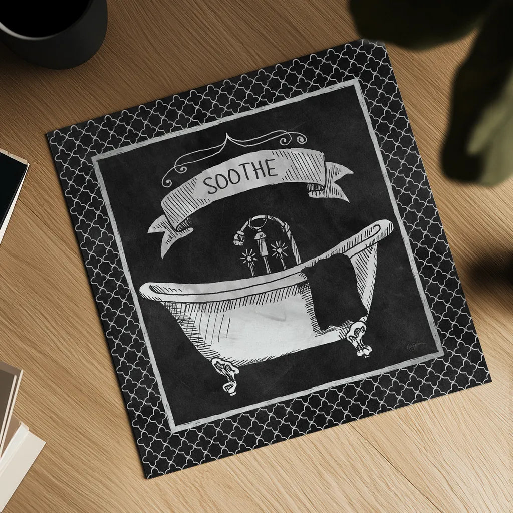 Chalkboard Bath Soothe Lattice Border by Mary Urban. Shown as a detailed flat fine art print, highlighting archival giclee quality. Available as an archival giclee rolled canvas, fine art paper, or poster print. SKU 38647a.