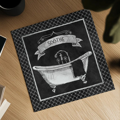 Chalkboard Bath Soothe Lattice Border by Mary Urban. Shown as a detailed flat fine art print, highlighting archival giclee quality. Available as an archival giclee rolled canvas, fine art paper, or poster print. SKU 38647a.