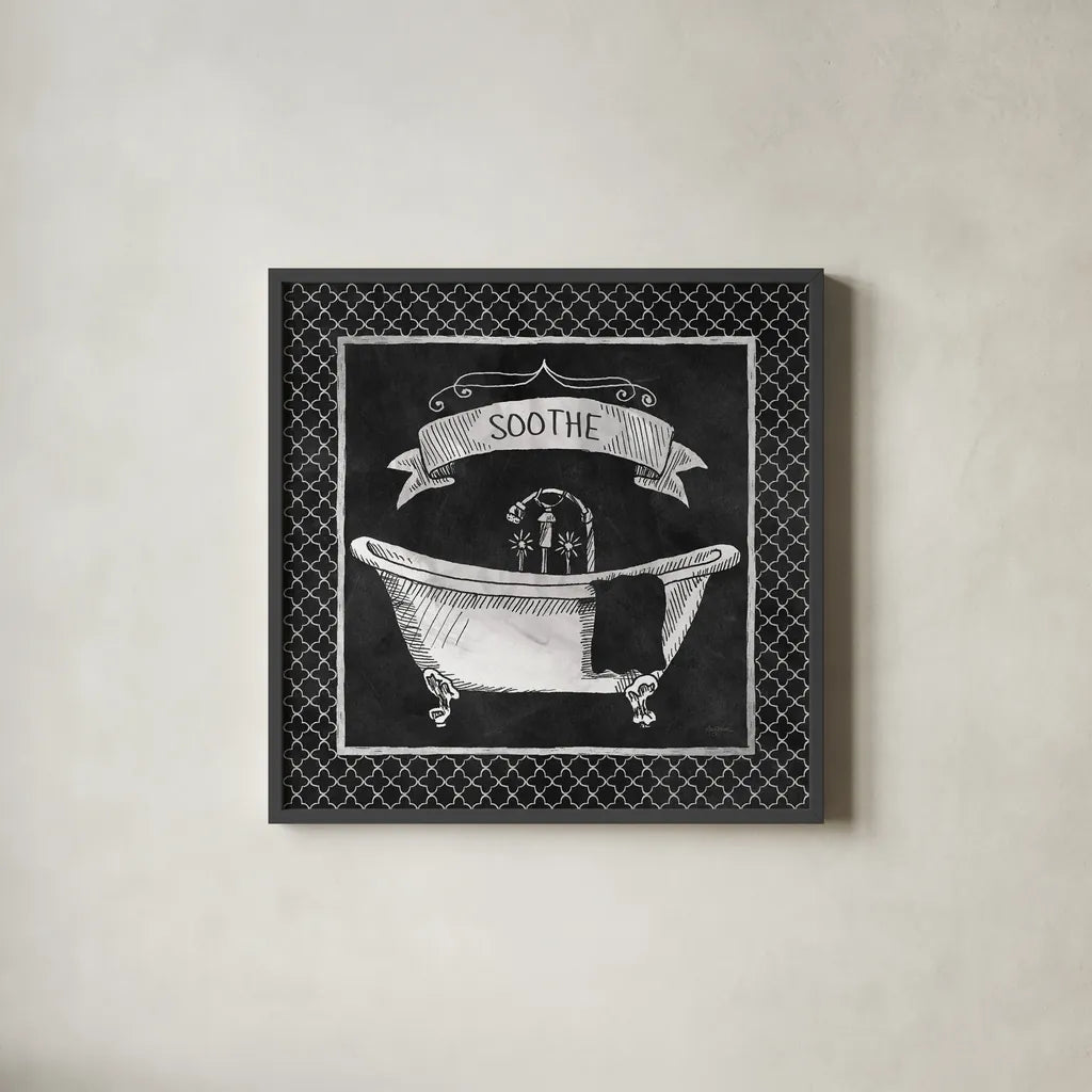 Chalkboard Bath Soothe Lattice Border by Mary Urban. Shown in a sleek black glass frame for a contemporary gallery look. Available as an archival giclee rolled canvas, fine art paper, or poster print. SKU 38647a.