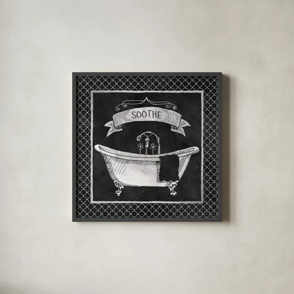 Chalkboard Bath Soothe Lattice Border by Mary Urban. Shown in a sleek black glass frame for a contemporary gallery look. Available as an archival giclee rolled canvas, fine art paper, or poster print. SKU 38647a.