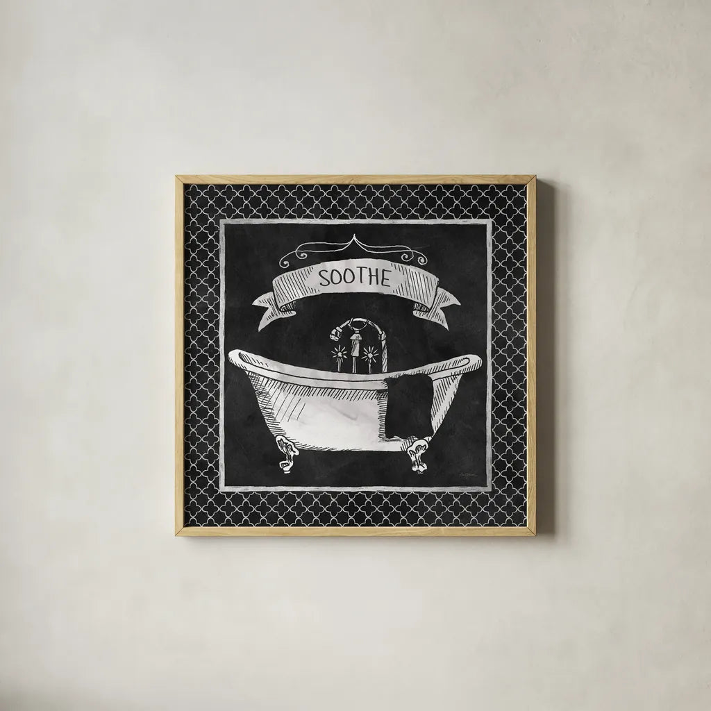 Chalkboard Bath Soothe Lattice Border by Mary Urban. Shown in a natural wood glass frame for a timeless modern aesthetic. Available as an archival giclee rolled canvas, fine art paper, or poster print. SKU 38647a.