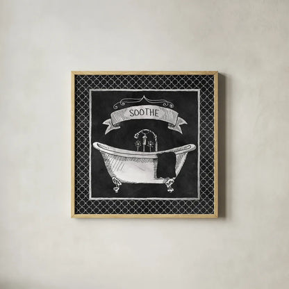 Chalkboard Bath Soothe Lattice Border by Mary Urban. Shown in a natural wood glass frame for a timeless modern aesthetic. Available as an archival giclee rolled canvas, fine art paper, or poster print. SKU 38647a.