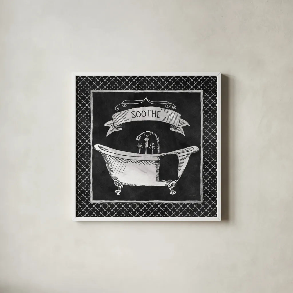 Chalkboard Bath Soothe Lattice Border by Mary Urban. Shown in a crisp white glass frame for a clean and minimalist style. Available as an archival giclee rolled canvas, fine art paper, or poster print. SKU 38647a.