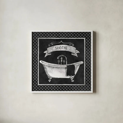 Chalkboard Bath Soothe Lattice Border by Mary Urban. Shown in a crisp white glass frame for a clean and minimalist style. Available as an archival giclee rolled canvas, fine art paper, or poster print. SKU 38647a.
