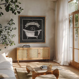 Chalkboard Bath Soothe Lattice Border by Mary Urban. Shown in a natural wood frame in a cozy modern living room. Available as an archival giclee rolled canvas, fine art paper, or poster print. SKU 38647a.