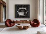 Chalkboard Bath Soothe Lattice Border by Mary Urban. Shown as extra-large giant wall art in a modern living room. Available as an archival giclee rolled canvas, fine art paper, or poster print. SKU 38647a.