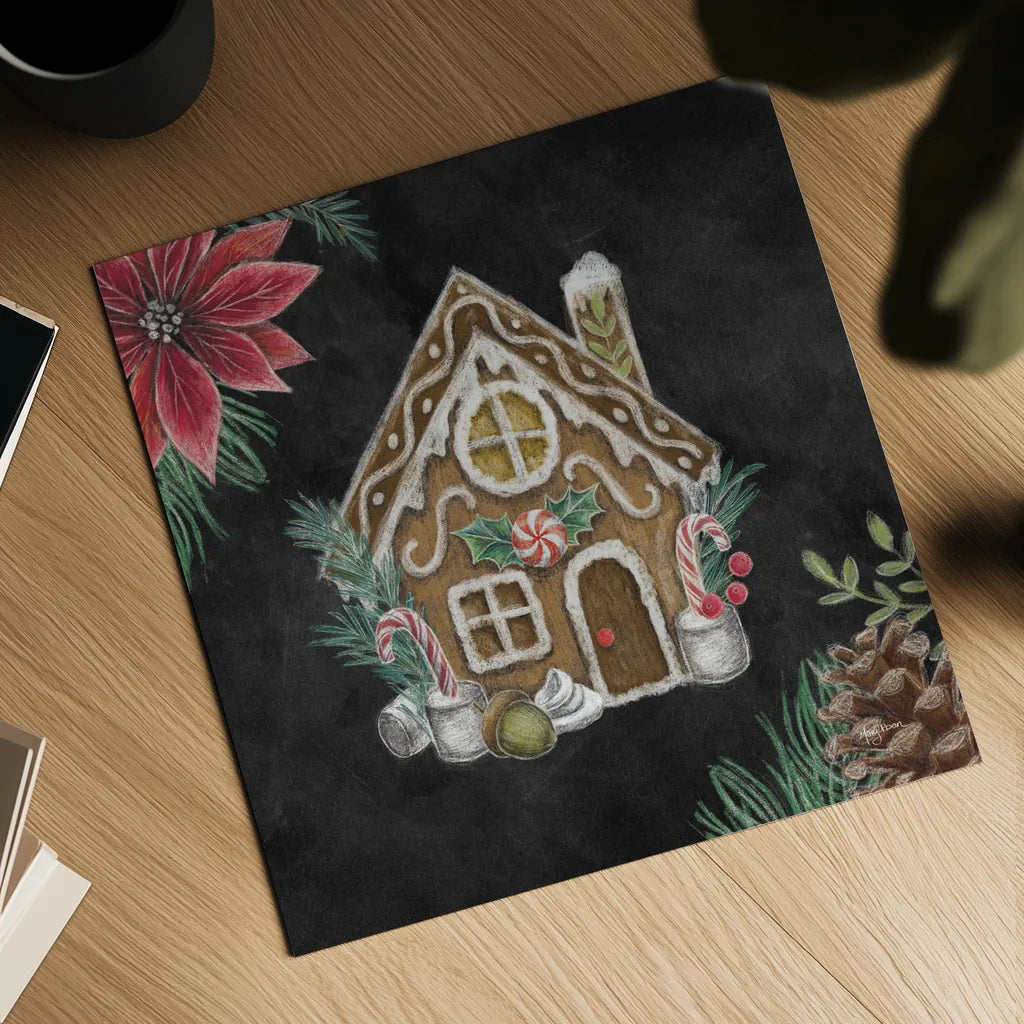 Christmas Chalk Gingerbread House by Mary Urban. Shown as a detailed flat fine art print, highlighting archival giclee quality. Available as an archival giclee rolled canvas, fine art paper, or poster print. SKU 84077a.