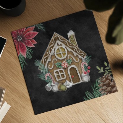 Christmas Chalk Gingerbread House by Mary Urban. Shown as a detailed flat fine art print, highlighting archival giclee quality. Available as an archival giclee rolled canvas, fine art paper, or poster print. SKU 84077a.