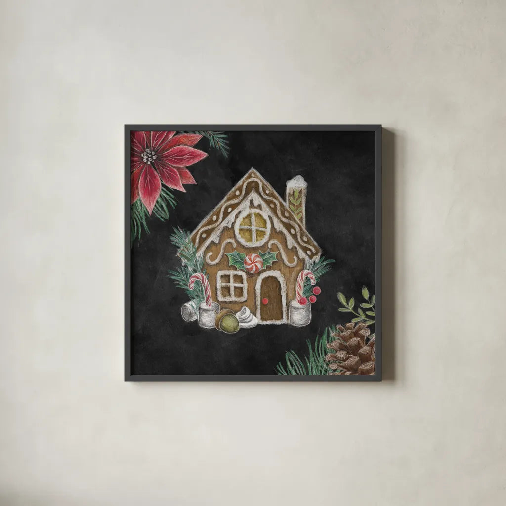 Christmas Chalk Gingerbread House by Mary Urban. Shown in a sleek black glass frame for a contemporary gallery look. Available as an archival giclee rolled canvas, fine art paper, or poster print. SKU 84077a.