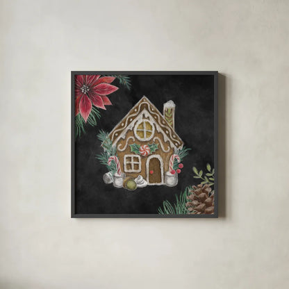 Christmas Chalk Gingerbread House by Mary Urban. Shown in a sleek black glass frame for a contemporary gallery look. Available as an archival giclee rolled canvas, fine art paper, or poster print. SKU 84077a.