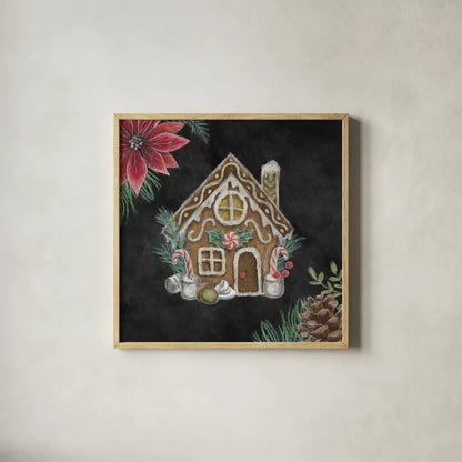 Christmas Chalk Gingerbread House by Mary Urban. Shown in a natural wood glass frame for a timeless modern aesthetic. Available as an archival giclee rolled canvas, fine art paper, or poster print. SKU 84077a.