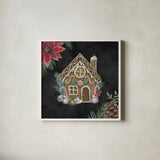 Christmas Chalk Gingerbread House by Mary Urban. Shown in a crisp white glass frame for a clean and minimalist style. Available as an archival giclee rolled canvas, fine art paper, or poster print. SKU 84077a.