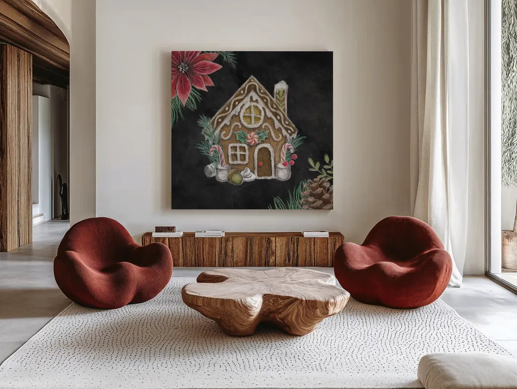 Christmas Chalk Gingerbread House by Mary Urban. Shown as extra-large giant wall art in a modern living room. Available as an archival giclee rolled canvas, fine art paper, or poster print. SKU 84077a.