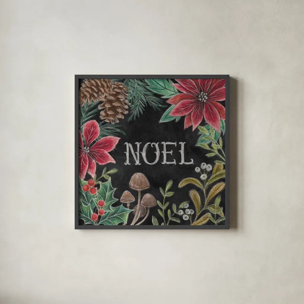 Christmas Chalk I by Mary Urban. Shown in a sleek black glass frame for a contemporary gallery look. Available as an archival giclee rolled canvas, fine art paper, or poster print. SKU 71845a.