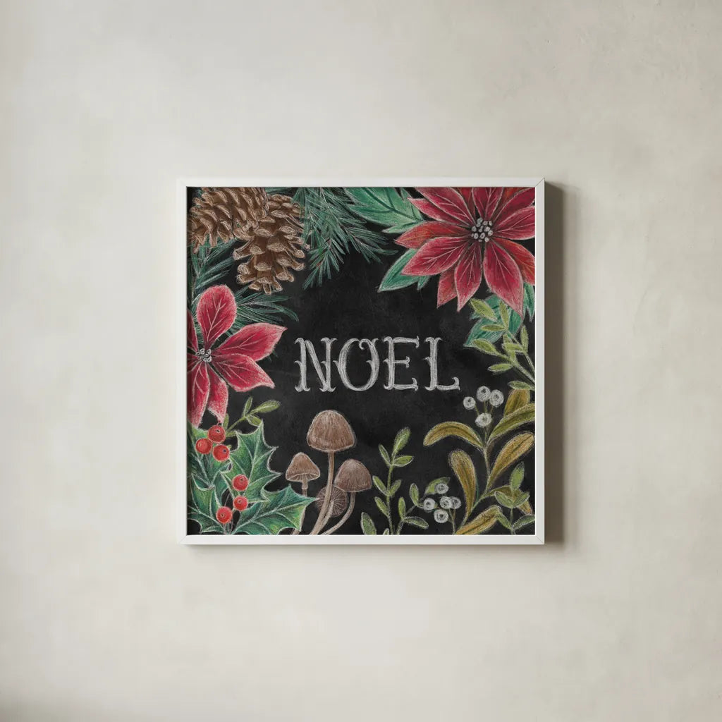 Christmas Chalk I by Mary Urban. Shown in a crisp white glass frame for a clean and minimalist style. Available as an archival giclee rolled canvas, fine art paper, or poster print. SKU 71845a.