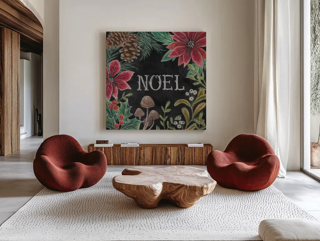 Christmas Chalk I by Mary Urban. Shown as extra-large giant wall art in a modern living room. Available as an archival giclee rolled canvas, fine art paper, or poster print. SKU 71845a.