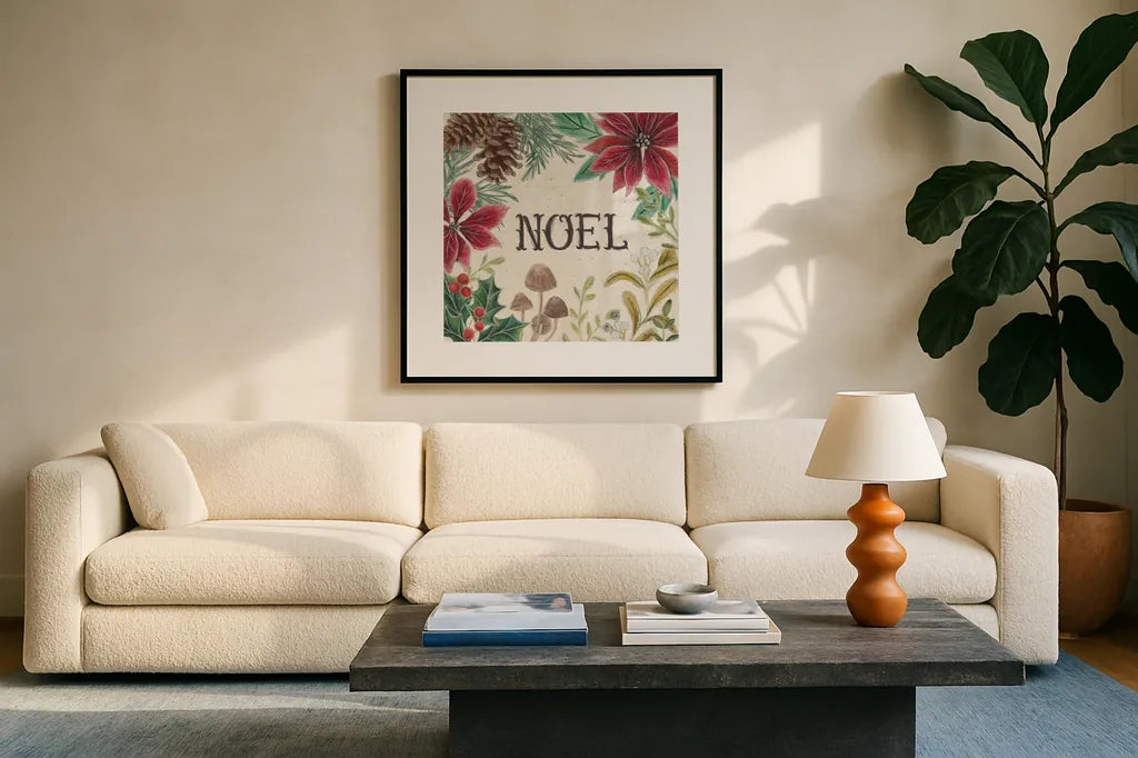 Christmas Chalk I Light by Mary Urban. Displayed in a glass frame with matte in a clean modern living room. Available as an archival giclee rolled canvas, fine art paper, or poster print. SKU 73428a.