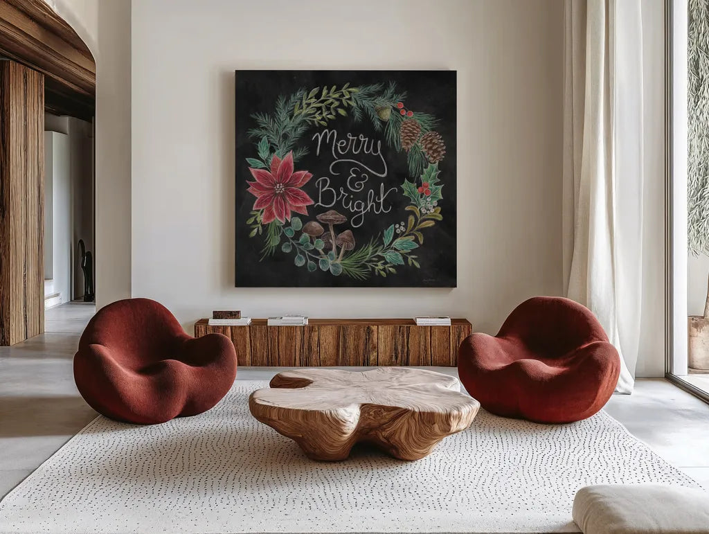 Christmas Chalk III by Mary Urban. Shown as extra-large giant wall art in a modern living room. Available as an archival giclee rolled canvas, fine art paper, or poster print. SKU 71847a.