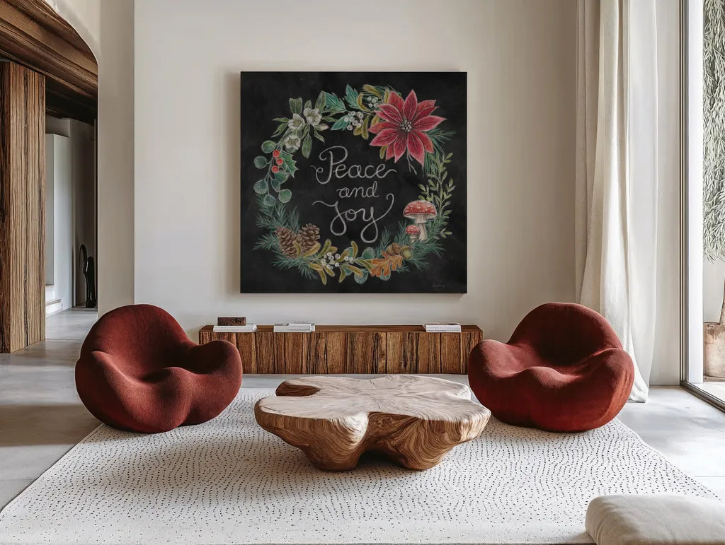 Christmas Chalk IV by Mary Urban. Shown as extra-large giant wall art in a modern living room. Available as an archival giclee rolled canvas, fine art paper, or poster print. SKU 71848a.