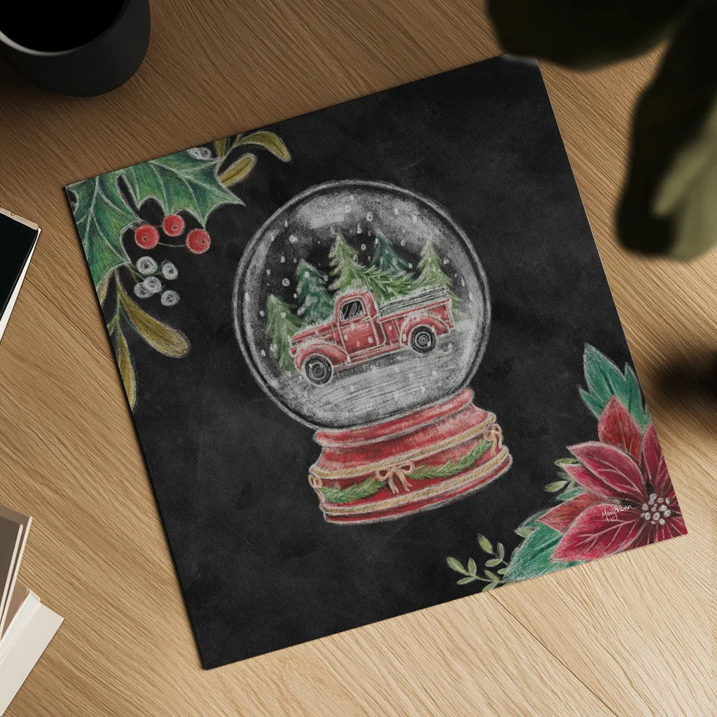 Christmas Chalk Snow Globe by Mary Urban. Shown as a detailed flat fine art print, highlighting archival giclee quality. Available as an archival giclee rolled canvas, fine art paper, or poster print. SKU 84078a.