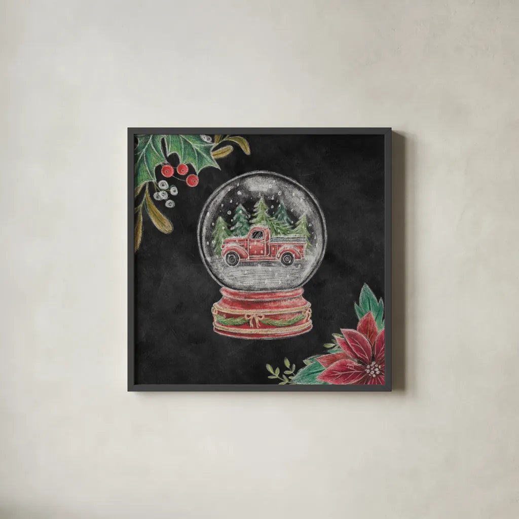 Christmas Chalk Snow Globe by Mary Urban. Shown in a sleek black glass frame for a contemporary gallery look. Available as an archival giclee rolled canvas, fine art paper, or poster print. SKU 84078a.