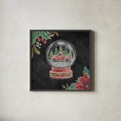 Christmas Chalk Snow Globe by Mary Urban. Shown in a sleek black glass frame for a contemporary gallery look. Available as an archival giclee rolled canvas, fine art paper, or poster print. SKU 84078a.