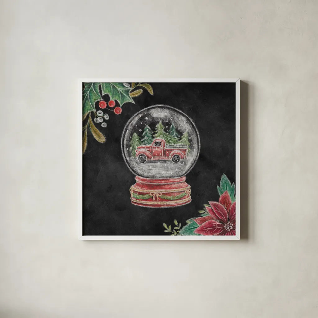 Christmas Chalk Snow Globe by Mary Urban. Shown in a crisp white glass frame for a clean and minimalist style. Available as an archival giclee rolled canvas, fine art paper, or poster print. SKU 84078a.