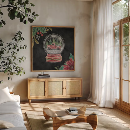 Christmas Chalk Snow Globe by Mary Urban. Shown in a natural wood frame in a cozy modern living room. Available as an archival giclee rolled canvas, fine art paper, or poster print. SKU 84078a.