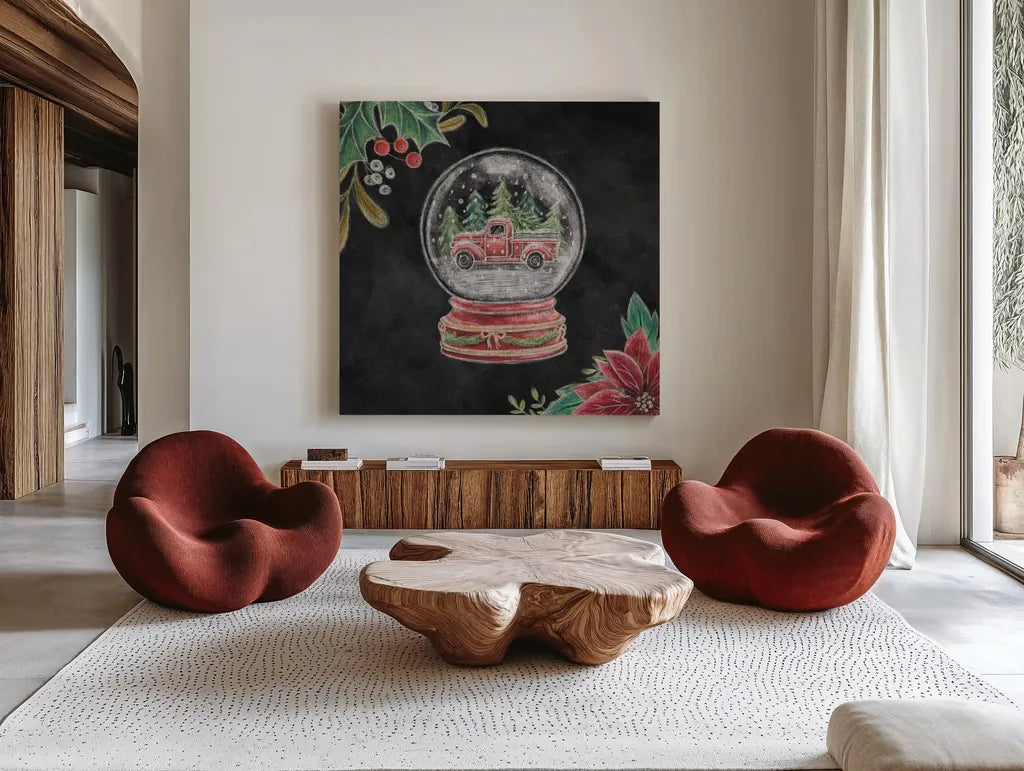 Christmas Chalk Snow Globe by Mary Urban. Shown as extra-large giant wall art in a modern living room. Available as an archival giclee rolled canvas, fine art paper, or poster print. SKU 84078a.