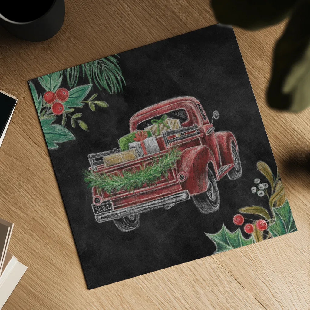 Christmas Chalk Truck III by Mary Urban. Shown as a detailed flat fine art print, highlighting archival giclee quality. Available as an archival giclee rolled canvas, fine art paper, or poster print. SKU 84079a.