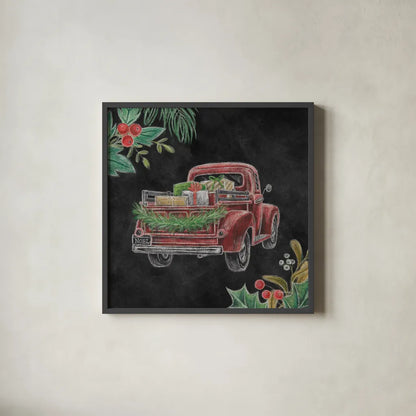 Christmas Chalk Truck III by Mary Urban. Shown in a sleek black glass frame for a contemporary gallery look. Available as an archival giclee rolled canvas, fine art paper, or poster print. SKU 84079a.
