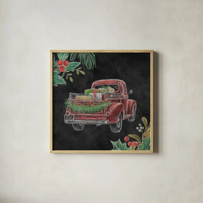 Christmas Chalk Truck III by Mary Urban. Shown in a natural wood glass frame for a timeless modern aesthetic. Available as an archival giclee rolled canvas, fine art paper, or poster print. SKU 84079a.