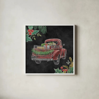 Christmas Chalk Truck III by Mary Urban. Shown in a crisp white glass frame for a clean and minimalist style. Available as an archival giclee rolled canvas, fine art paper, or poster print. SKU 84079a.