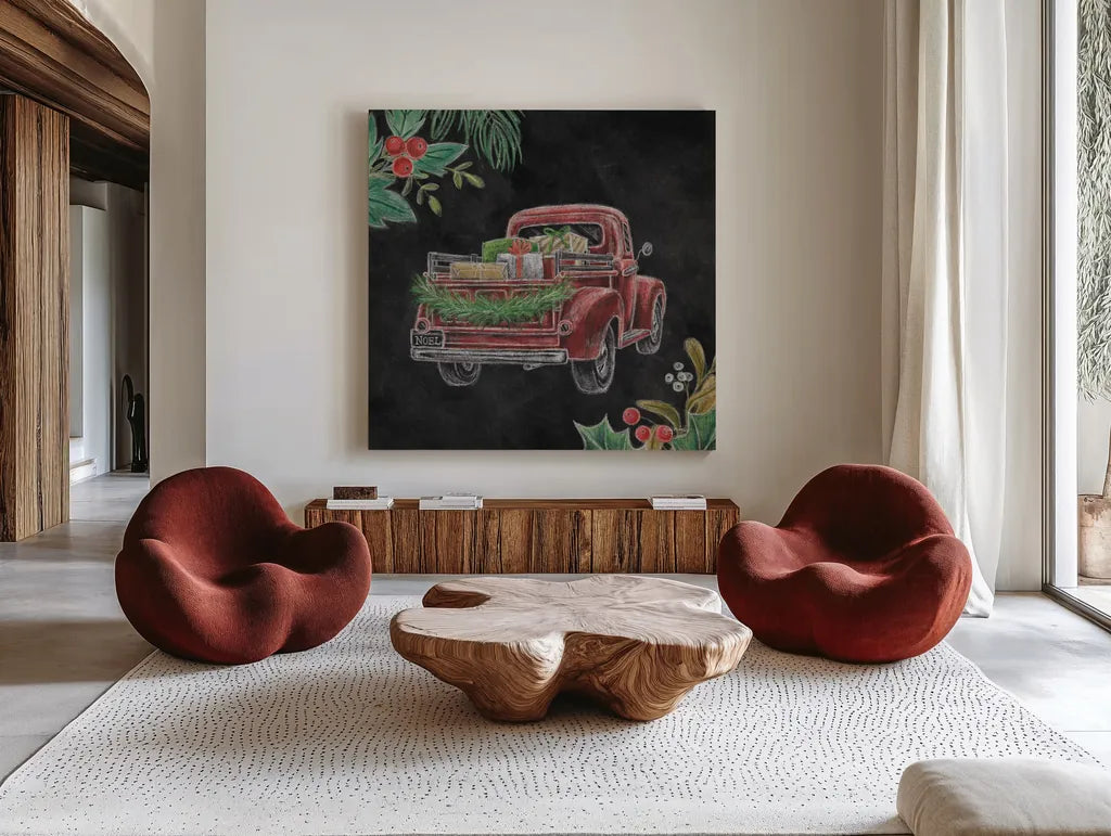 Christmas Chalk Truck III by Mary Urban. Shown as extra-large giant wall art in a modern living room. Available as an archival giclee rolled canvas, fine art paper, or poster print. SKU 84079a.