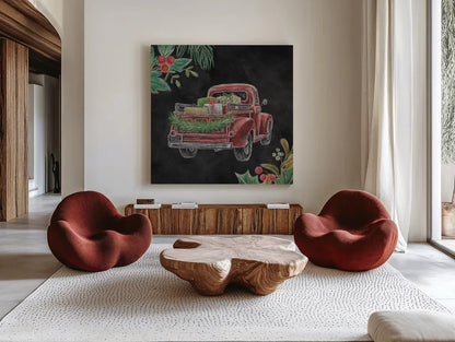 Christmas Chalk Truck III by Mary Urban. Shown as extra-large giant wall art in a modern living room. Available as an archival giclee rolled canvas, fine art paper, or poster print. SKU 84079a.