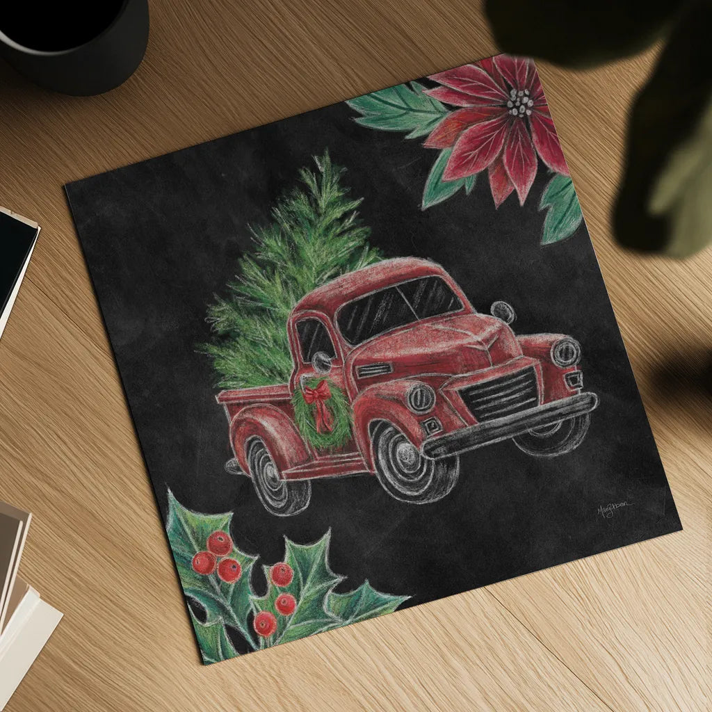 Christmas Chalk Truck IV by Mary Urban. Shown as a detailed flat fine art print, highlighting archival giclee quality. Available as an archival giclee rolled canvas, fine art paper, or poster print. SKU 84080a.