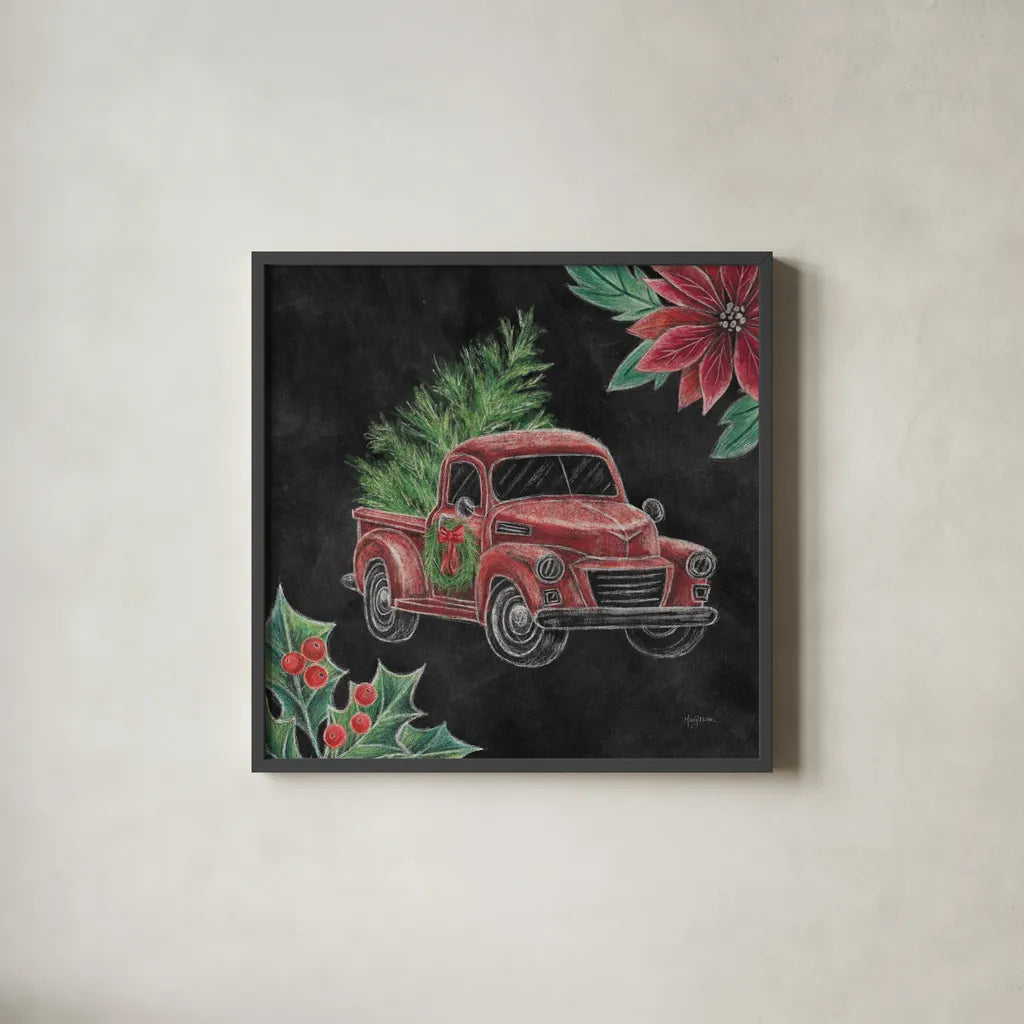 Christmas Chalk Truck IV by Mary Urban. Shown in a sleek black glass frame for a contemporary gallery look. Available as an archival giclee rolled canvas, fine art paper, or poster print. SKU 84080a.