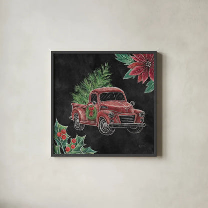 Christmas Chalk Truck IV by Mary Urban. Shown in a sleek black glass frame for a contemporary gallery look. Available as an archival giclee rolled canvas, fine art paper, or poster print. SKU 84080a.