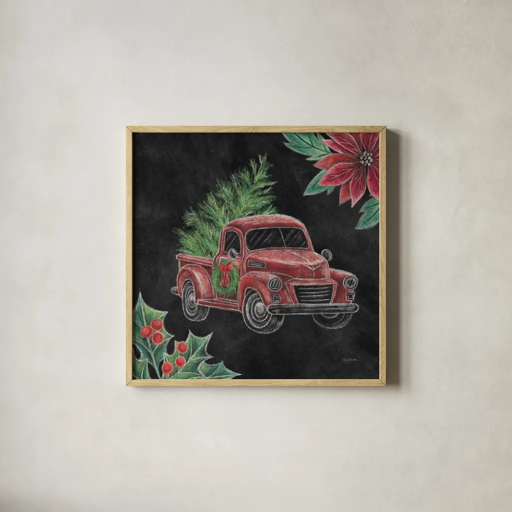 Christmas Chalk Truck IV by Mary Urban. Shown in a natural wood glass frame for a timeless modern aesthetic. Available as an archival giclee rolled canvas, fine art paper, or poster print. SKU 84080a.