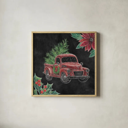Christmas Chalk Truck IV by Mary Urban. Shown in a natural wood glass frame for a timeless modern aesthetic. Available as an archival giclee rolled canvas, fine art paper, or poster print. SKU 84080a.