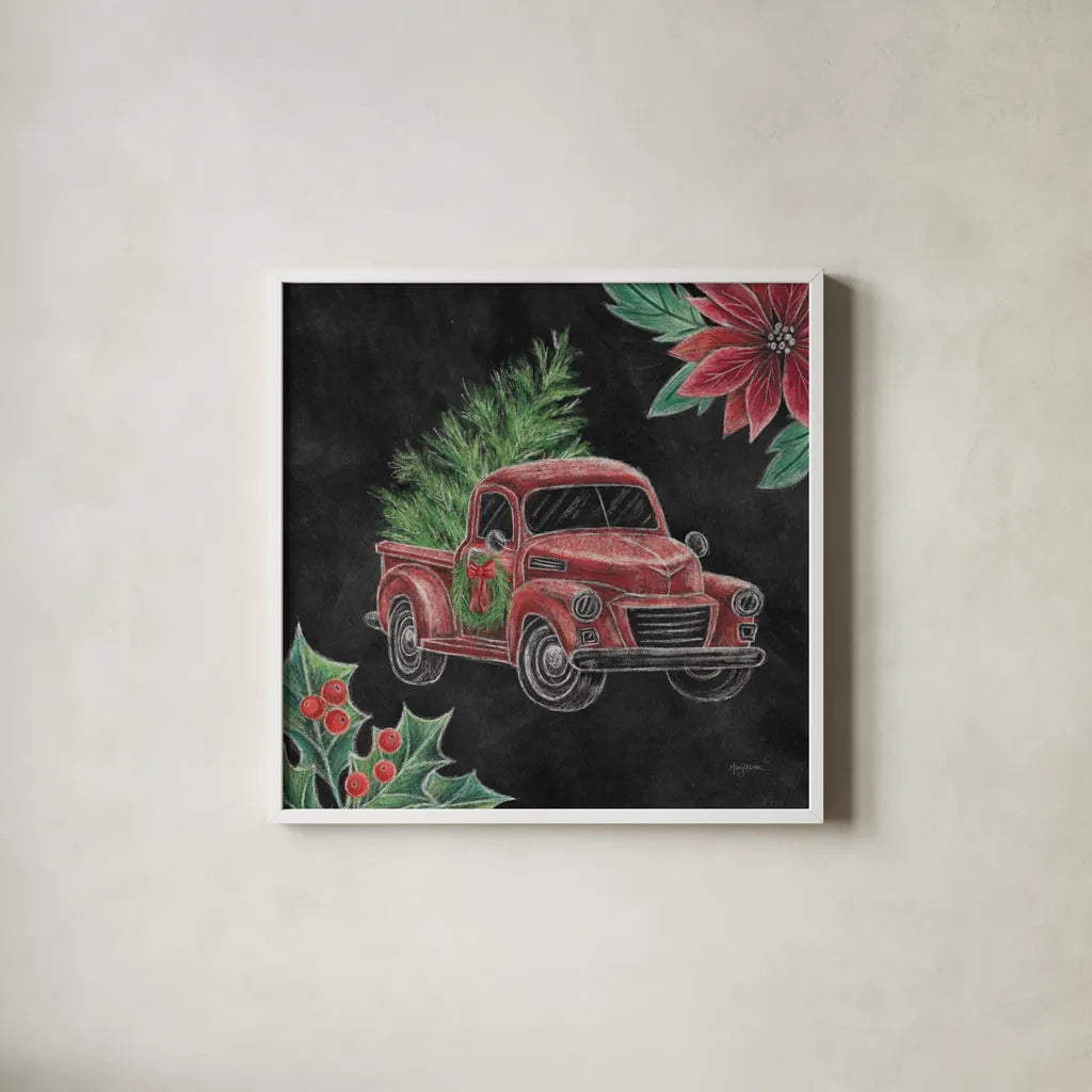 Christmas Chalk Truck IV by Mary Urban. Shown in a crisp white glass frame for a clean and minimalist style. Available as an archival giclee rolled canvas, fine art paper, or poster print. SKU 84080a.