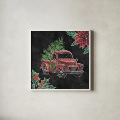 Christmas Chalk Truck IV by Mary Urban. Shown in a crisp white glass frame for a clean and minimalist style. Available as an archival giclee rolled canvas, fine art paper, or poster print. SKU 84080a.