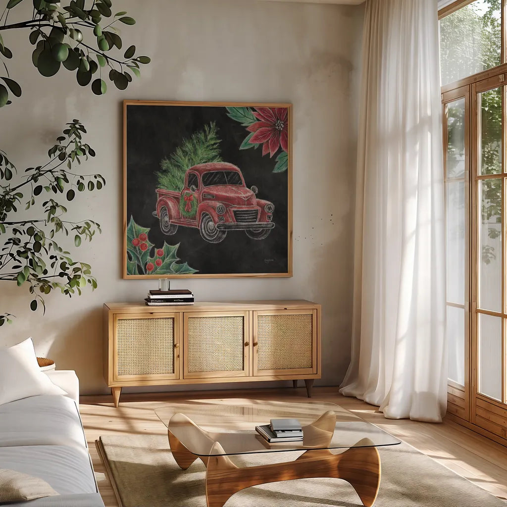 Christmas Chalk Truck IV by Mary Urban. Shown in a natural wood frame in a cozy modern living room. Available as an archival giclee rolled canvas, fine art paper, or poster print. SKU 84080a.