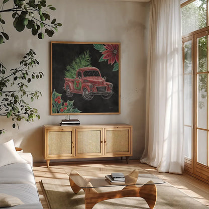 Christmas Chalk Truck IV by Mary Urban. Shown in a natural wood frame in a cozy modern living room. Available as an archival giclee rolled canvas, fine art paper, or poster print. SKU 84080a.
