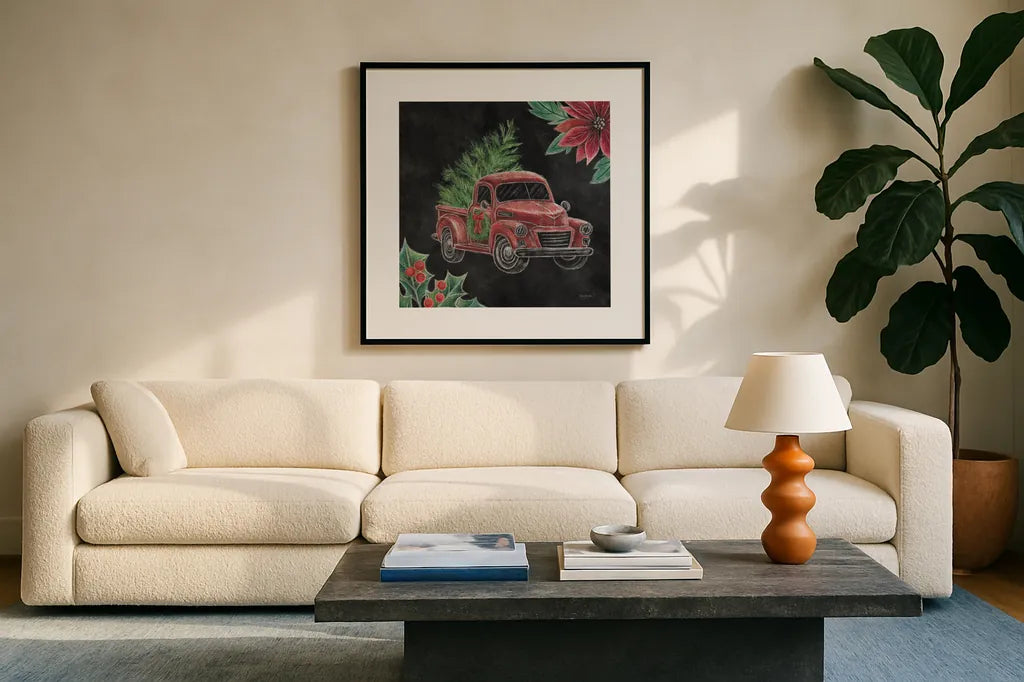 Christmas Chalk Truck IV by Mary Urban. Displayed in a glass frame with matte in a clean modern living room. Available as an archival giclee rolled canvas, fine art paper, or poster print. SKU 84080a.