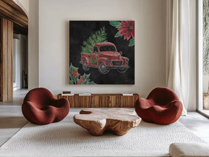 Christmas Chalk Truck IV by Mary Urban. Shown as extra-large giant wall art in a modern living room. Available as an archival giclee rolled canvas, fine art paper, or poster print. SKU 84080a.