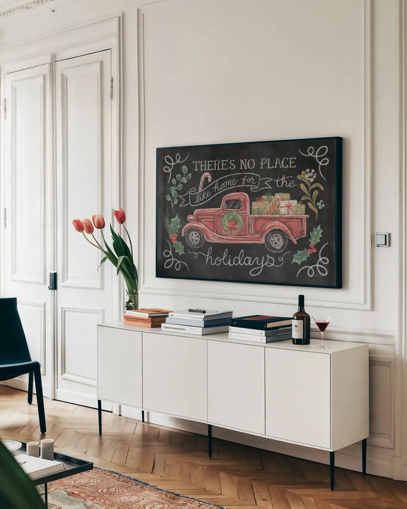 Christmas Chalk VI by Mary Urban. shown as a framed stretched canvas in a living room above a console. Available as a archival giclee rolled canvas, fine art paper, or poster print. SKU 71850i.